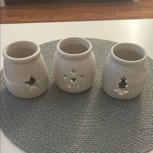 Set of 3 Holiday Cream Ceramic Candle Holders